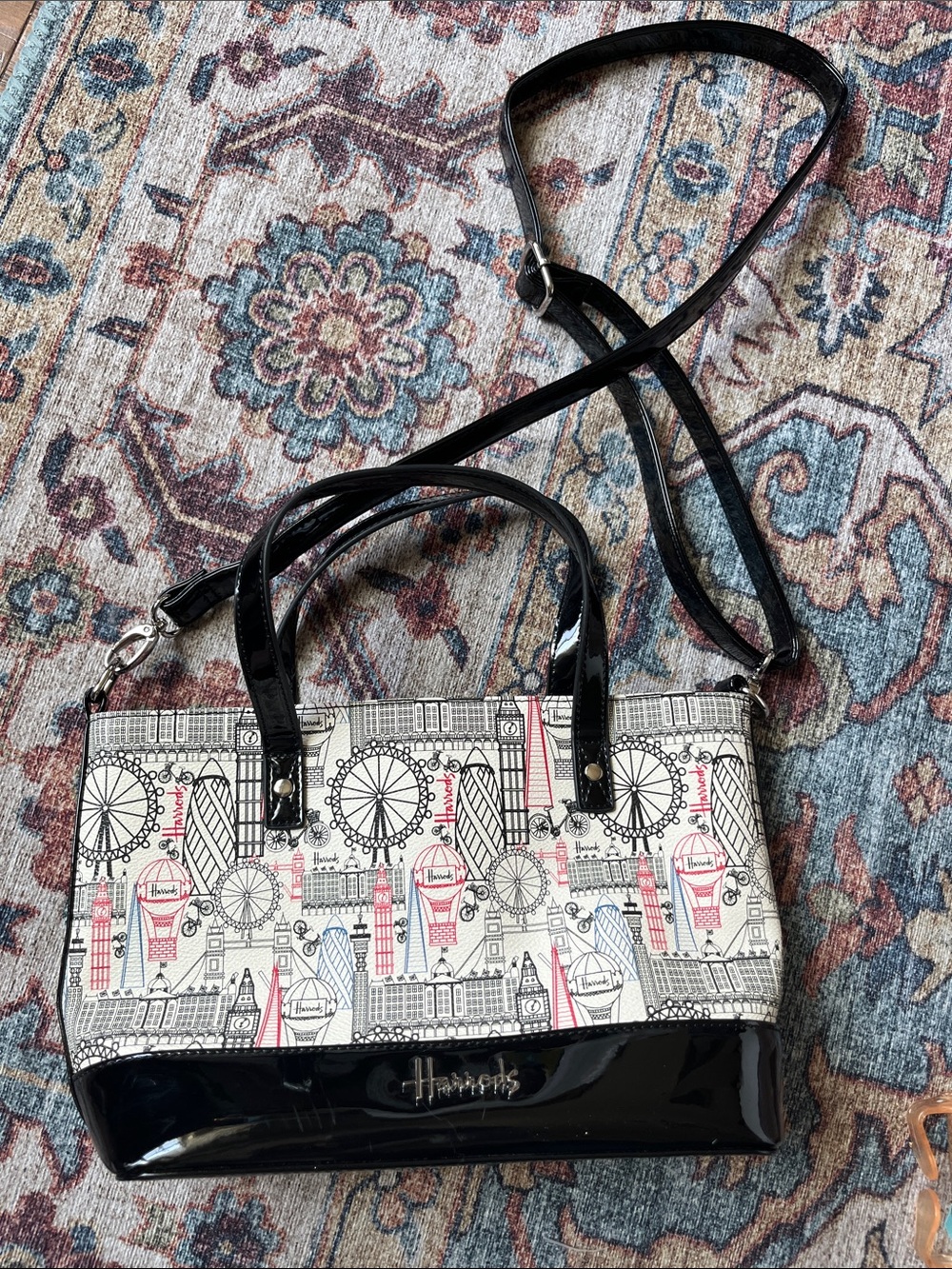 Harrods Black, Cream and Red London Landmark Print Crossbody Tote - Picture 9 of 11